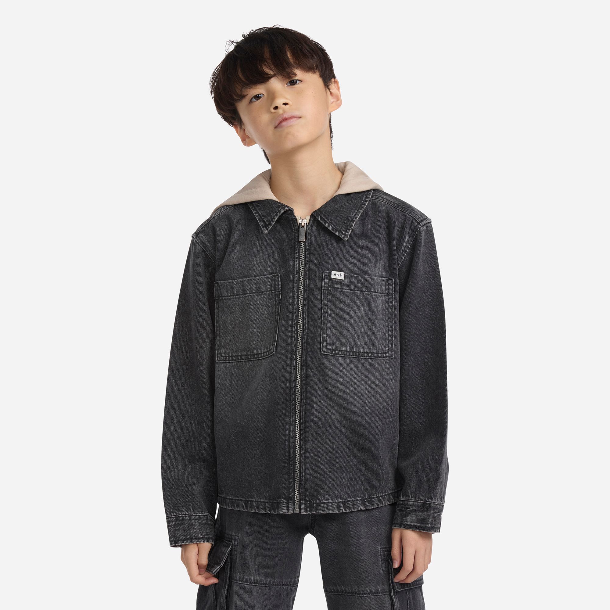 abercrombie kids hooded zip denim jacket, Size 5/6, Vibe