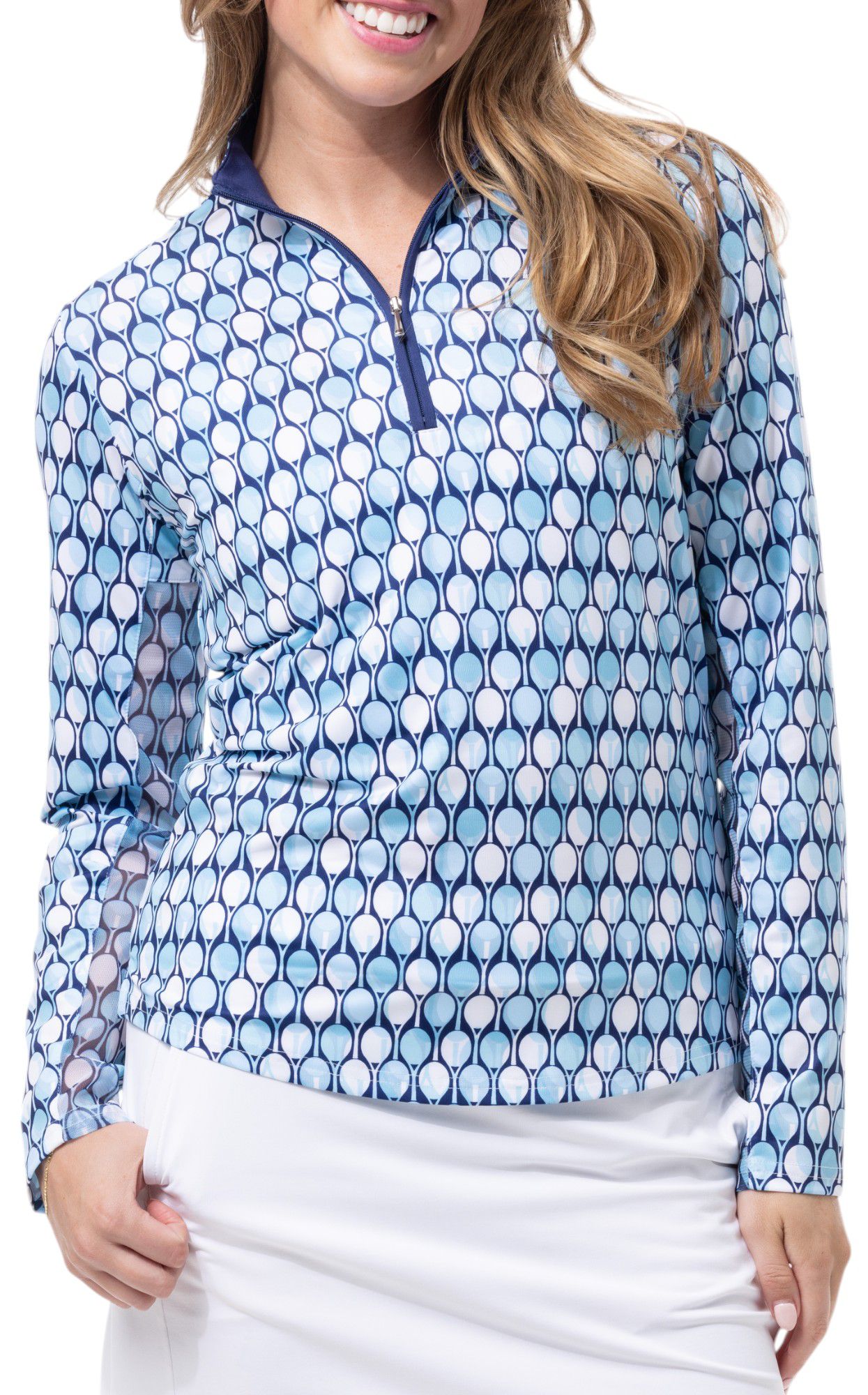 SanSoleil Women's Solcool Print Mock Neck Long Sleeve Golf Shirt, Medium, Racqueteer Blue
