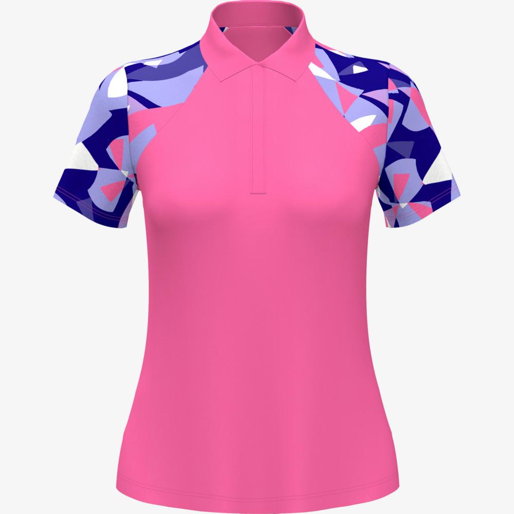 Geo Collage Print Short Sleeve Polo Shirt, Pink, XS Golf Short Sleeve Top